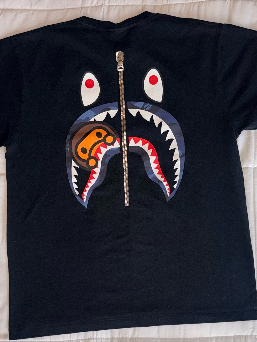 Bape Black Shark Graphic Tee with Back Zipper and Multi-Color Print